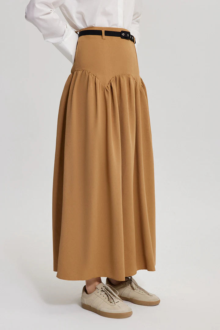 LINEN TEXTURED SKIRT WITH BELT - TAN