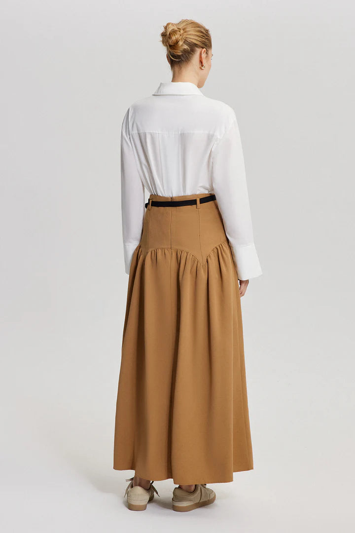 LINEN TEXTURED SKIRT WITH BELT - TAN