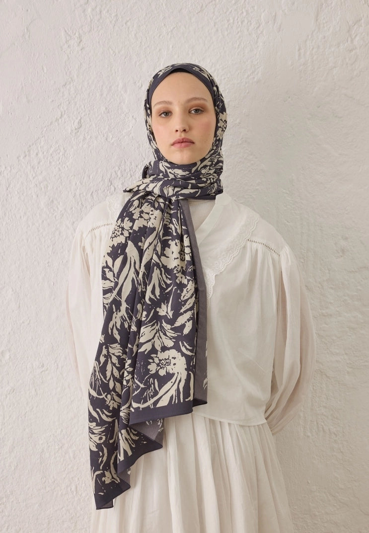 VIOLET PATTERN SILKY MODAL HIJAB - INDIGO