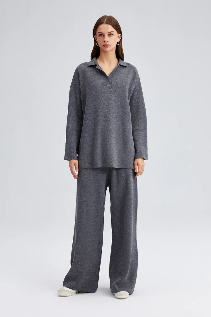 KNIT COLLAR TUNIC AND TROUSER SET - ANTHRACITE