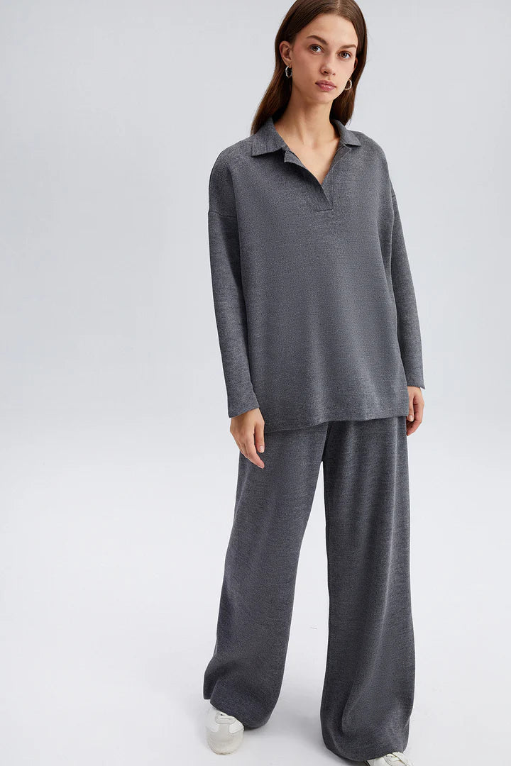 KNIT COLLAR TUNIC AND TROUSER SET - ANTHRACITE