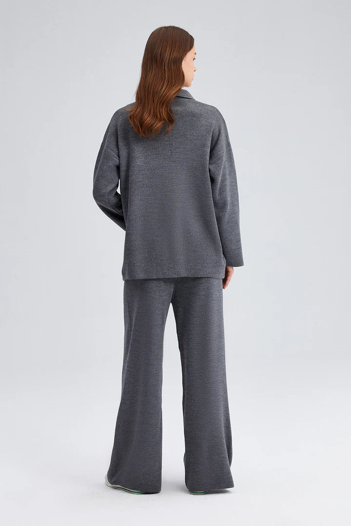 KNIT COLLAR TUNIC AND TROUSER SET - ANTHRACITE