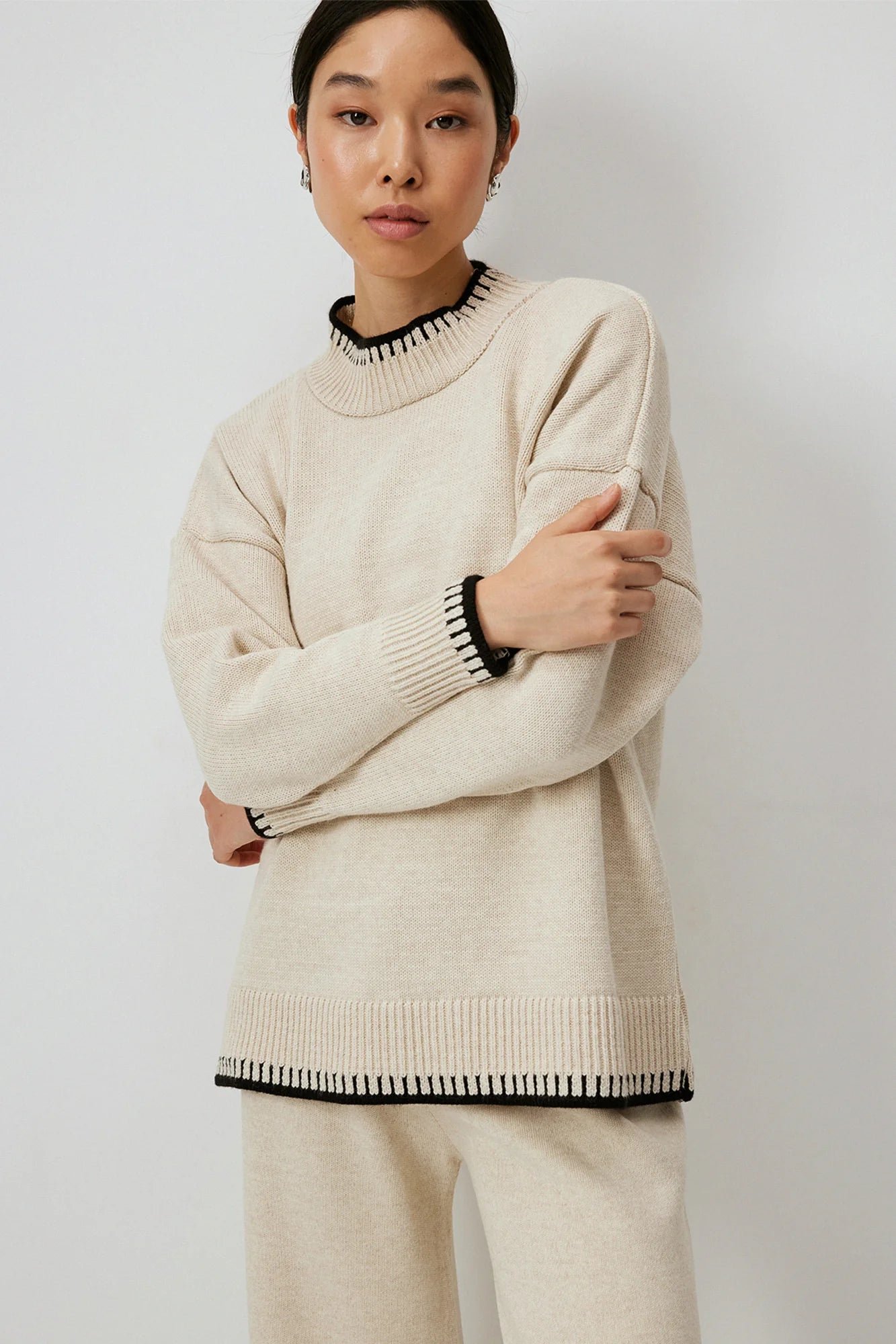 KNITWEAR SET WITH STITCH DETAIL - CREAM