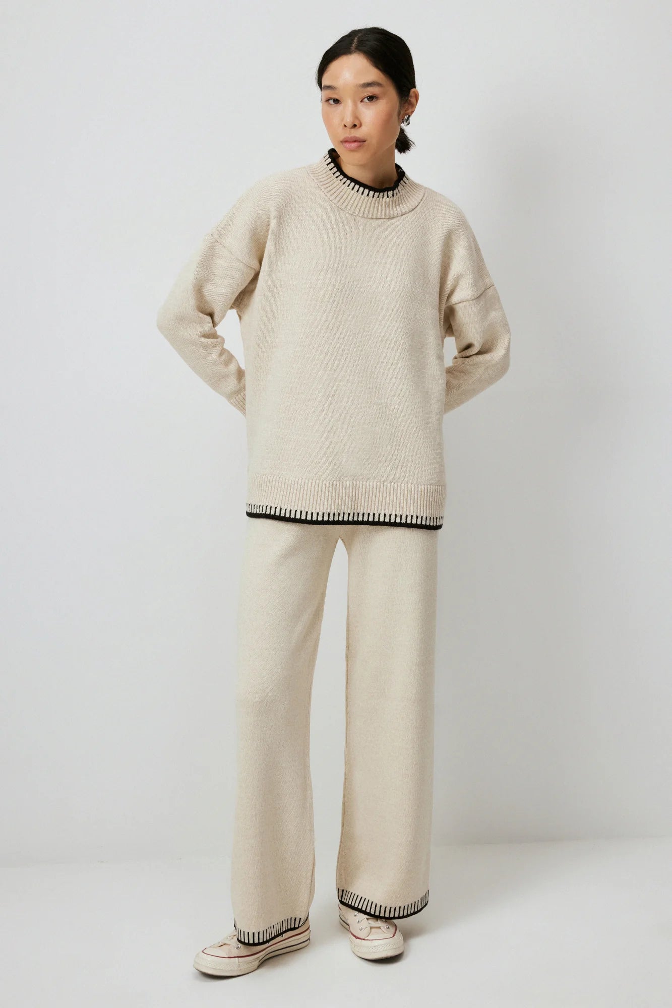 KNITWEAR SET WITH STITCH DETAIL - CREAM