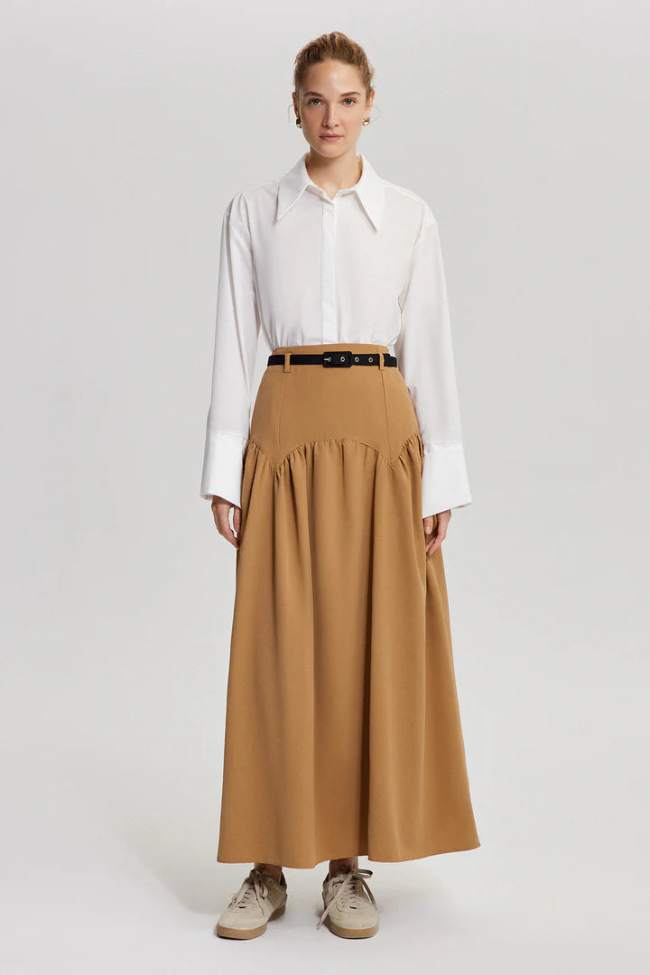 LINEN TEXTURED SKIRT WITH BELT - TAN