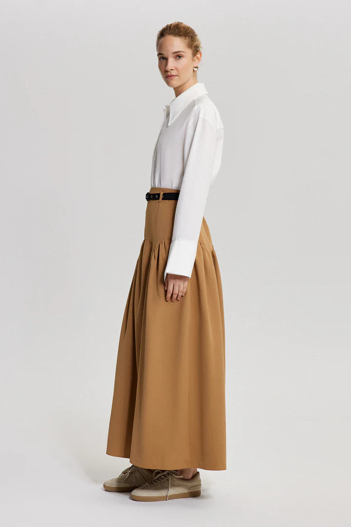 LINEN TEXTURED SKIRT WITH BELT - TAN