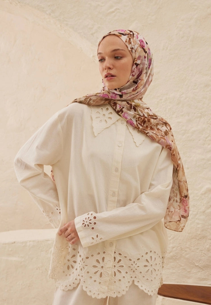 MARGARIT PATTERN RAMI MODAL HIJAB - MILK COFFEE