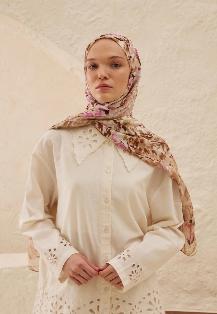 MARGARIT PATTERN RAMI MODAL HIJAB - MILK COFFEE