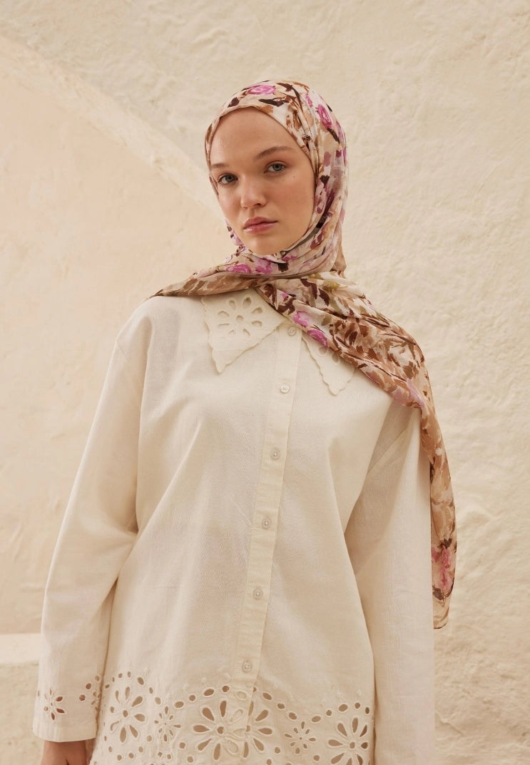 MARGARIT PATTERN RAMI MODAL HIJAB - MILK COFFEE