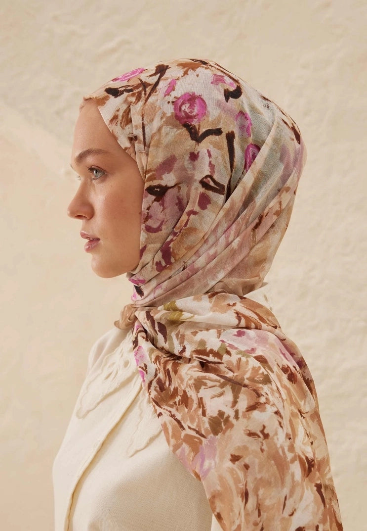 MARGARIT PATTERN RAMI MODAL HIJAB - MILK COFFEE