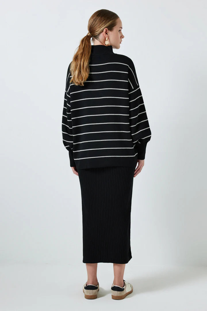 STRIPED TWO PEICE KNIT DRESS - BLACK