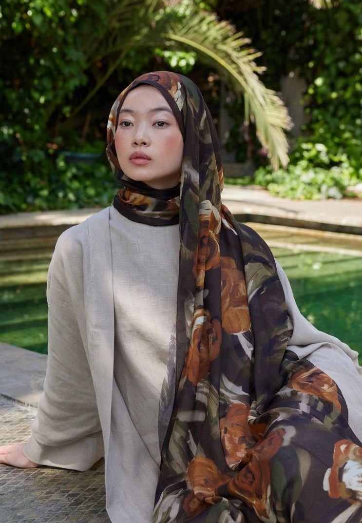 SUMMER ROSE PATTERN RAMI MODAL HIJAB - BROWN