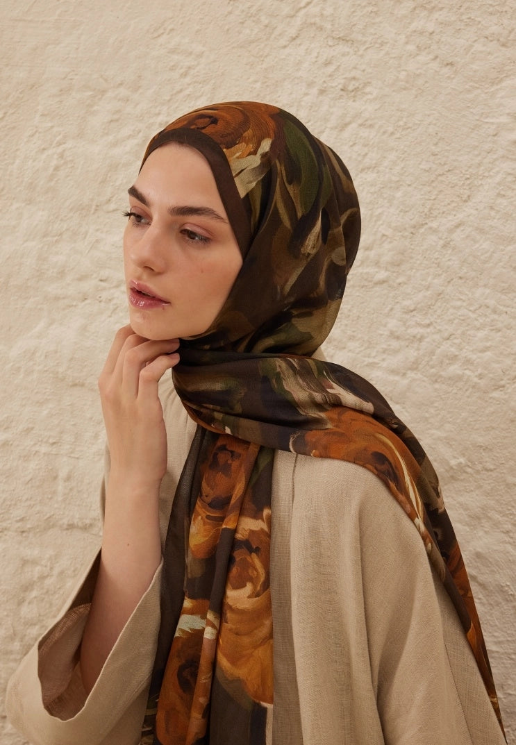 SUMMER ROSE PATTERN RAMI MODAL HIJAB - BROWN