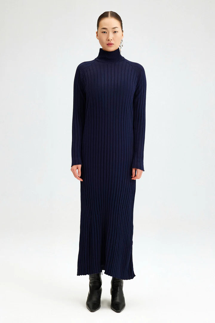 TURTLE NECK RIBBED KNIT DRESS- Navy