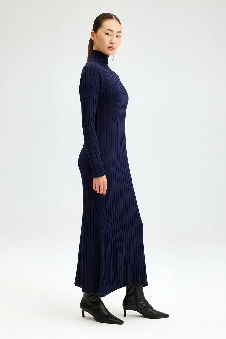 TURTLE NECK RIBBED KNIT DRESS- Navy