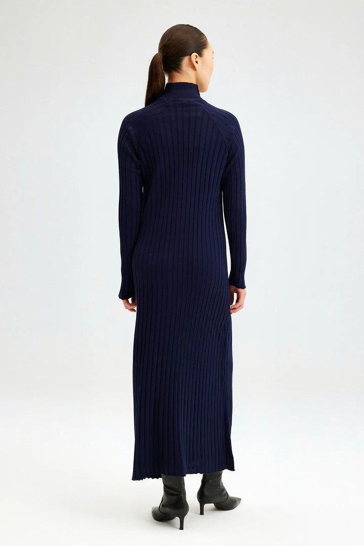 TURTLE NECK RIBBED KNIT DRESS- Navy