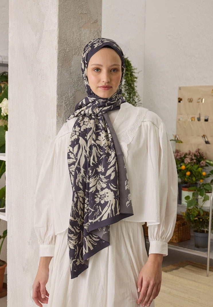 VIOLET PATTERN SILKY MODAL HIJAB - INDIGO